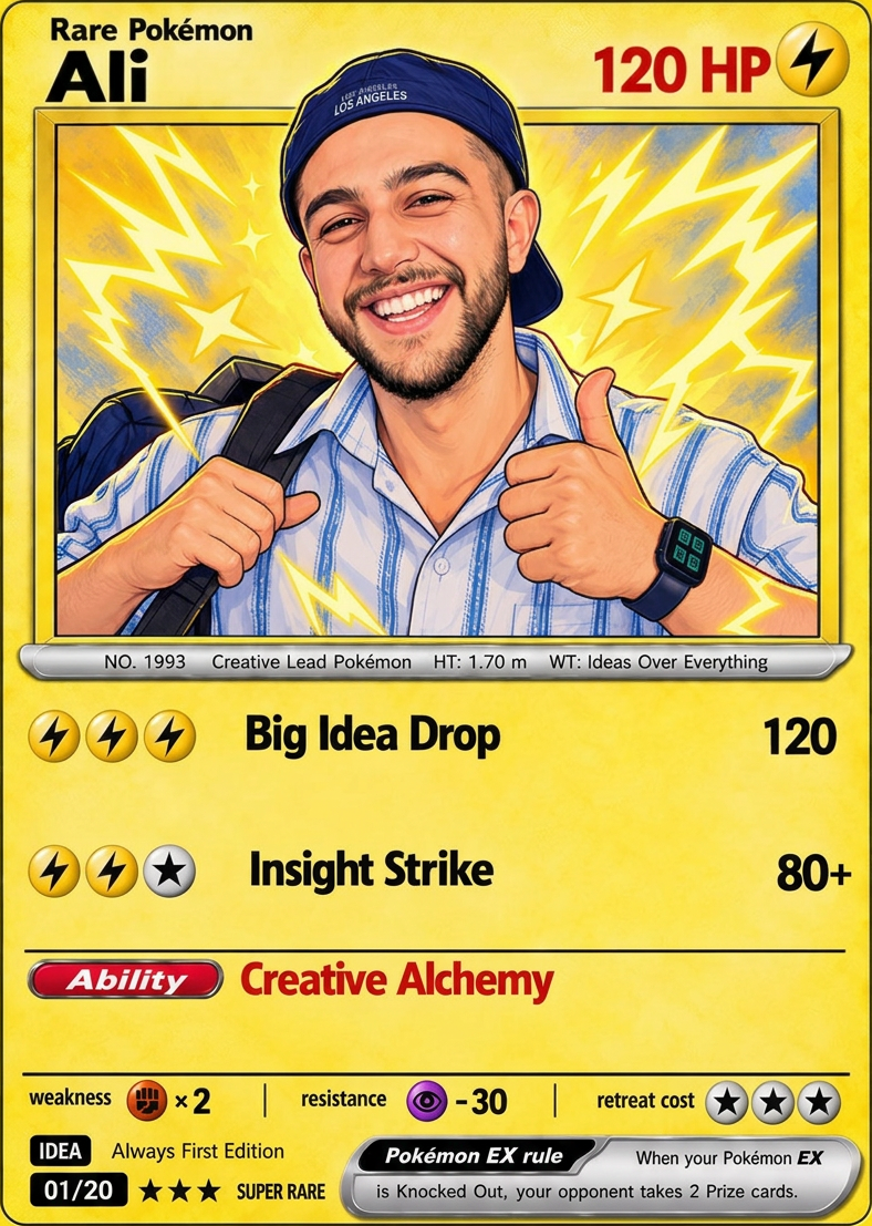 Ali Asif's trading-card portrait: an illustrated Ali in a backward cap giving a thumbs-up in front of yellow lightning bolts